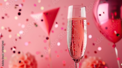 abstract birthday aesthetics against a rosy pink background. The focal point is a champagne glass, exuding a celebratory vibe with playful elements and vibrant colors, creating a festive atmosphere.