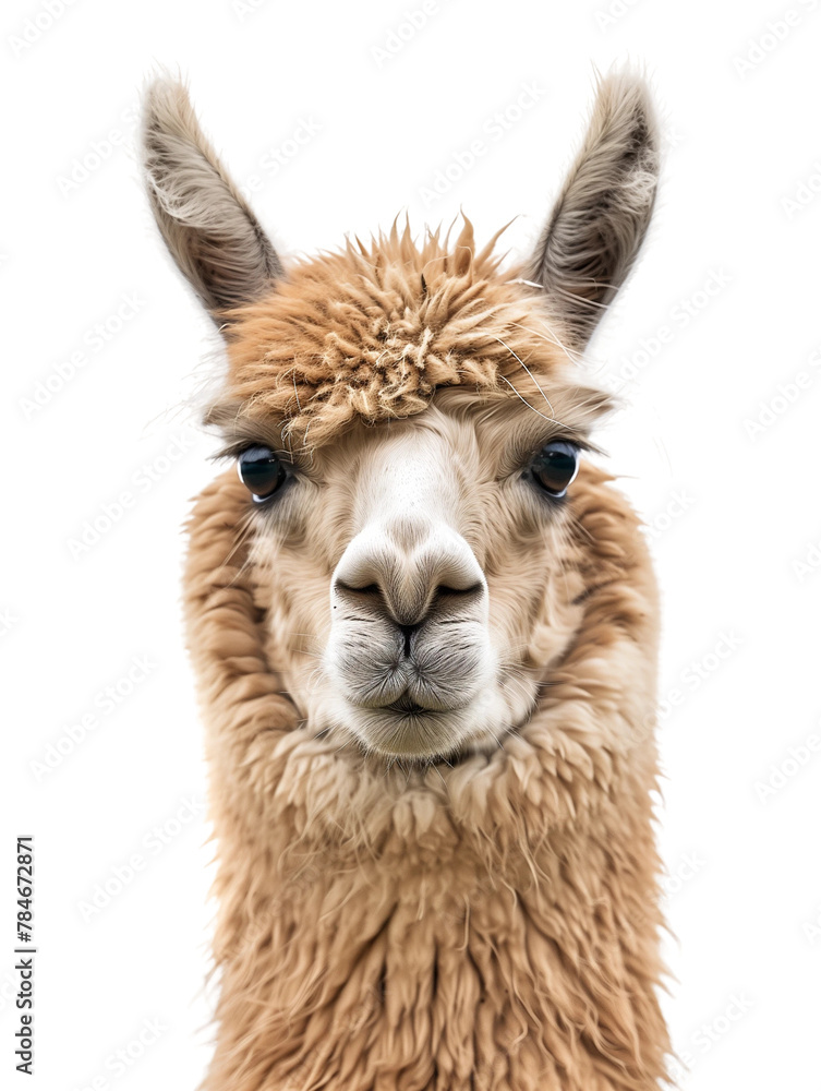 A cute fluffy alpaca portrait isolated on white or transparent background, png clipart, design element. Easy to place on any other background.