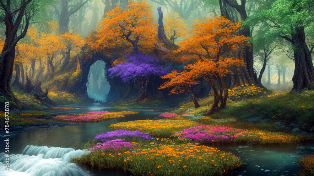 A Vibrant, Whimsical Fantasy Painting Depicting Vibrant Jewel-Toned Colorful Enchanted Fantasy Forest with a Waterfall, River, and Lavish Flowers