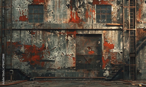 Capture a weathered, industrial warehouse from an eye-level angle using a grunge effect in digital rendering techniques Emphasize rusted metal, peeling paint, and gritty textures for a raw, edgy aesth photo