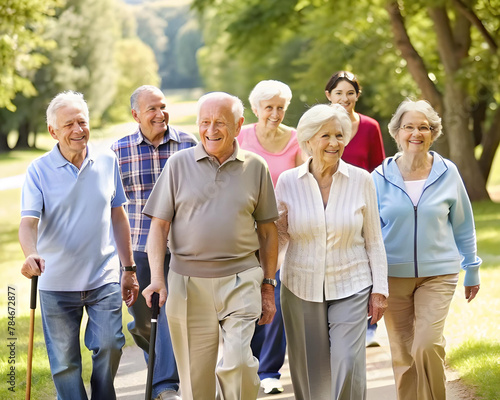 A group of pensioners is in the park for a walk.