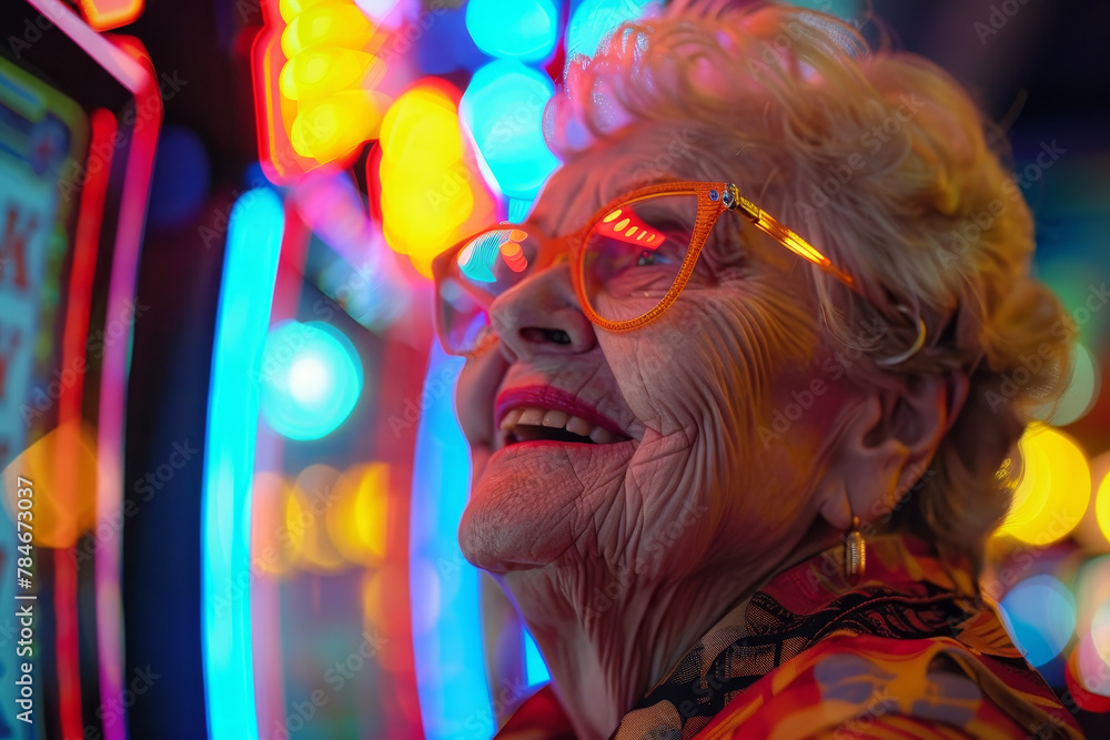 A close-up of a joyful senior citizen at a casino, her face lit up with excitement as she plays at the slot machines. A close-up of a joyful senior citizen at a casino, her face lit up with excitement as she plays at the slot machines.