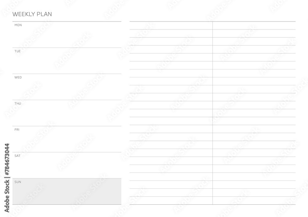 A weekly project plan design template in a modern, simple, and minimalist style. Note, scheduler, diary, calendar, planner document template illustration. A weekly project plan design template in a modern, simple, and minimalist style. Note, scheduler, diary, calendar, planner document template illustration.