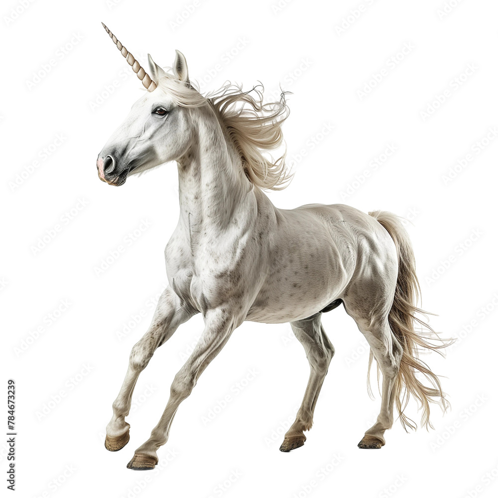 A white unicorn is running in the air, dynamic pose, isolated on white or transparent background, png clipart, design element.