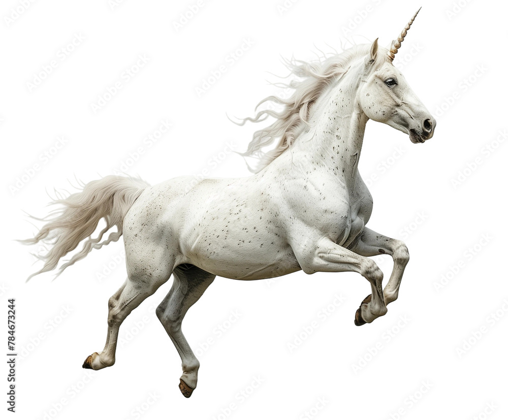 A white unicorn is running in the air, dynamic pose, isolated on white or transparent background, png clipart, design element.