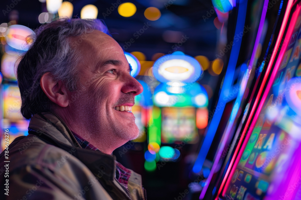 A detailed view of a cheerful middle-aged man at a casino, his face glowing with joy as he watches the spinning reels of a slot machine