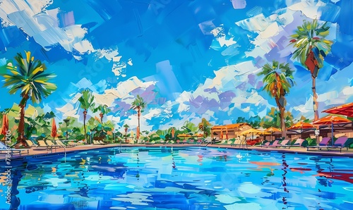 Capture the essence of summer leisure in a wide-angle acrylic painting Show vibrant poolside scenes with vivid colors and refreshing water reflections