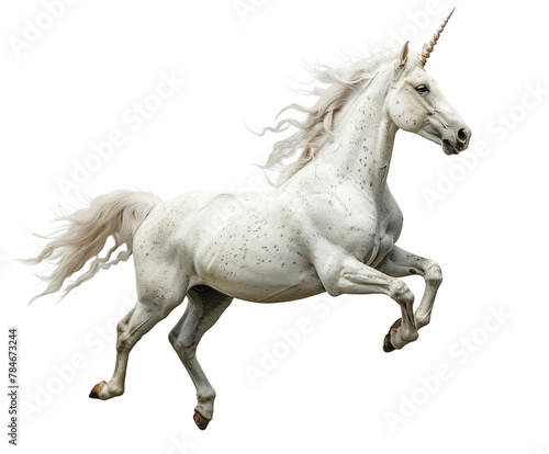 A white unicorn is running in the air, dynamic pose, isolated on white or transparent background, png clipart, design element. © Sunny_nsk