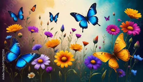 Fantasy artwork of a surreal vibrant  kaleidoscopic meadow filled with delicate and colorful butterflies and blooming  jewel-toned flowers