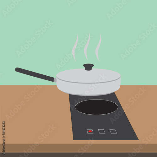 Electric stove with pot on the kitchen counter. Vector induction cooking panel, black ceramic hob on table.