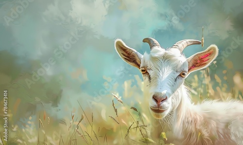 Capture the innocence and playfulness of a cute goat in a lush meadow using watercolor techniques Emphasize the fluffy fur and expressive eyes