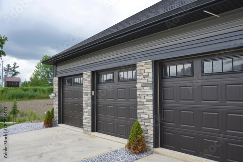 A detailed view of a two-car garage at a modern home. The garage doors are sleek and stylish, adding to the overall aesthetic of the house © mila103