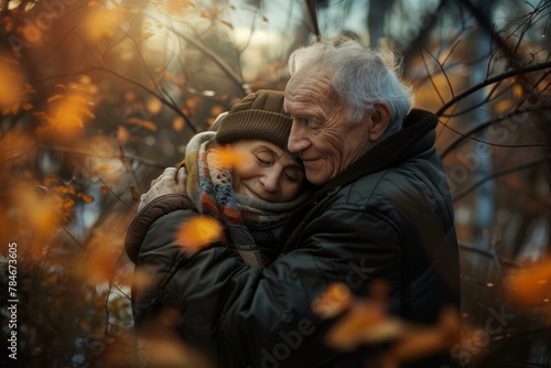 Senior Couple Embracing Lovingly in Autumnal Setting, A Portrait of Warmth and Affection