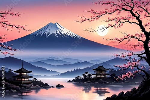 Serene landscape with mountain  pagoda in background. Sky is filled with beautiful pink hue  and moon is shining brightly. Concept of peace  tranquility.For art  creative projects  fashion  magazines.