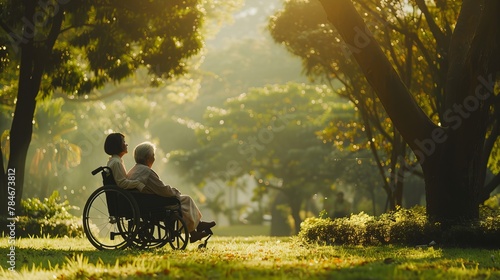 An elderly Asian woman in a wheelchair enjoys the outdoors with her dedicated Asian caregiver. photo