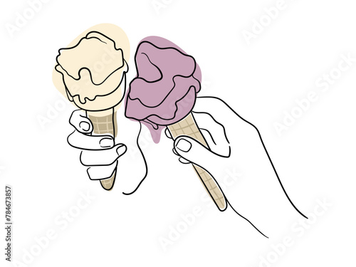 Summer ice cream in hands isolated on white background. Frozen food line art drawing. Vector illustration
