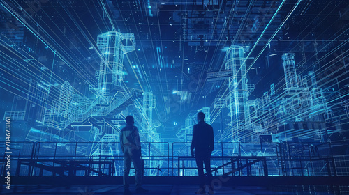 Couple standing in futuristic city admiring advanced urban infrastructure photo