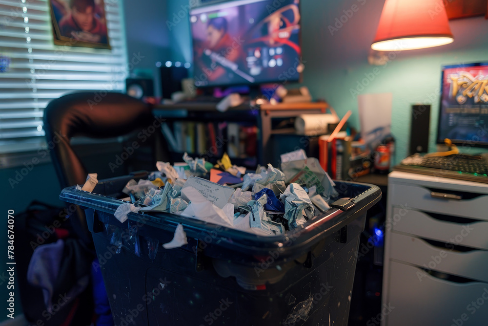 A messy room with a trash can full of paper