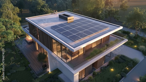 Photovoltaic System on the roof New suburban house Modern eco friendly passive house with solar panels on the gable roof climate renewable energy hyper realistic 