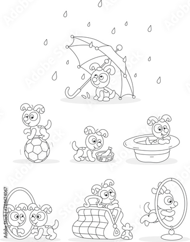 Funny little spotted puppy playing with different domestic things at home, set of black and white vector cartoon illustrations for a coloring book