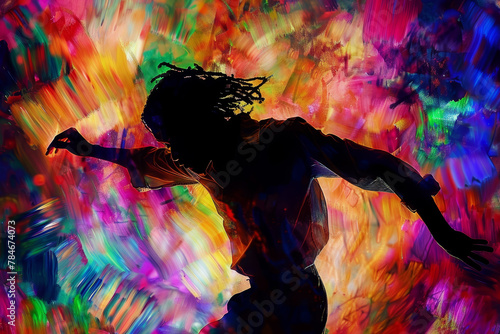 A man is dancing in a colorful background