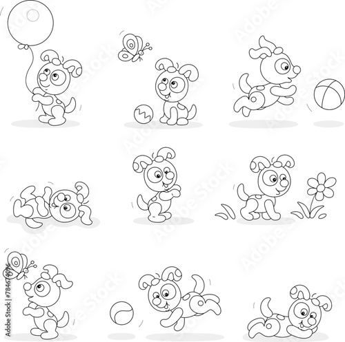 Funny little spotted puppy playing with its toys on a walk in a park, set of black and white vector cartoon illustrations for a coloring book