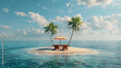 An uncommon 3D image of a tropical island with two deck chairs under an umbrella on a stunning beach. It depicts traveling and taking a break.