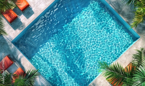 Capture the vibrant, crystal-clear waters of a summer swimming pool from an aerial perspective in a photorealistic digital rendering