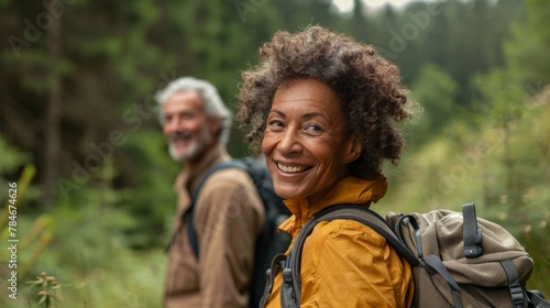 Radiant multiracial senior couple with backpacks enjoying a lush forest hike together