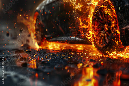 A car is on fire with a wheel in the middle of the fire