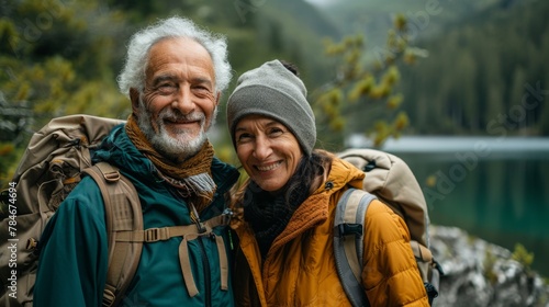 A happy caucasian elderly couple posing with backpacks by a serene alpine lake, surrounded by forest