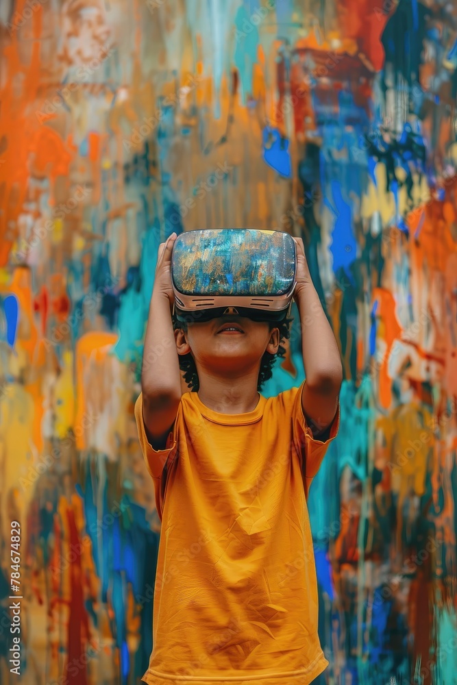 Obraz premium A young boy wearing a yellow shirt is holding a virtual reality headset