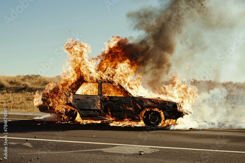 A car is on fire on a road © mila103