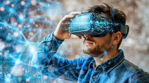 A man wearing a virtual reality headset is looking at a blue and white image