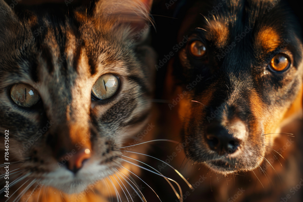 Two cats and a dog are standing next to each other Two cats and a dog are standing next to each other