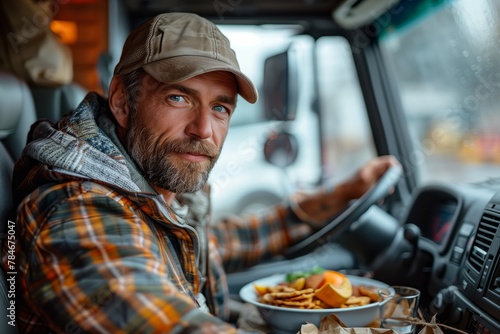 Truck driver enjoying meal in vehicle