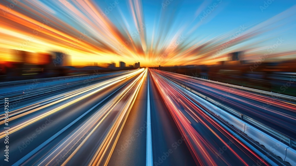 A blurry shot of a highway with a sunset in the background A blurry shot of a highway with a sunset in the background