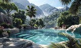 Craft a photorealistic 3D rendering of a panoramic pool oasis nestled in a lush mountain setting Emphasize the play of light and shadows on the waters surface, intricate details of the surrounding lan