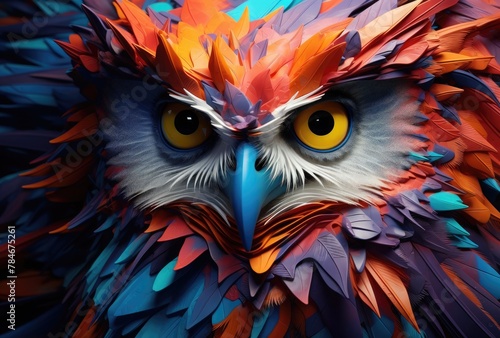 Colorful owl portrait, close-up, 3d illustration.