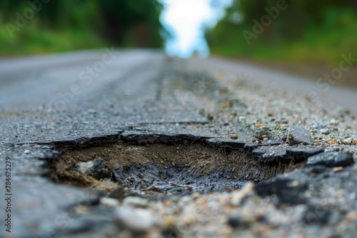 A pothole in the road with a lot of debris