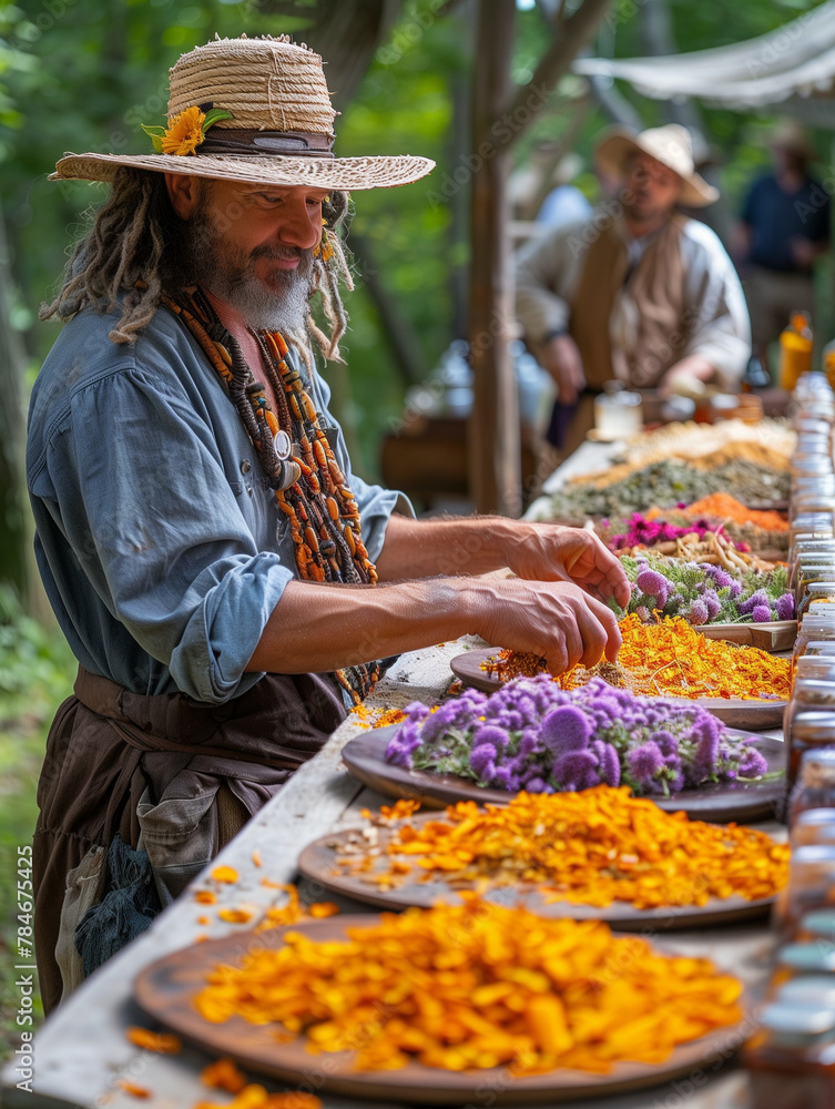 Herbalist preparing natural remedies outdoors: traditional herbalist arranging vibrant herbs and flowers at a market stall in nature. Alternative medicine and herbal medicine concept
