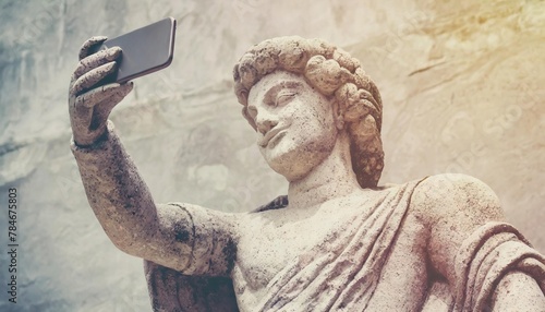 Antique stone statue taking selfie on phone , concept of Vintage art photo