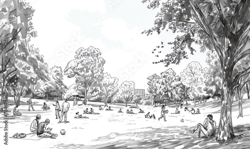 Craft a traditional pen and ink drawing of a serene park setting, featuring a mix of people engaging in activities like reading, walking dogs, playing frisbee, with intricate foliage, expressive gestu