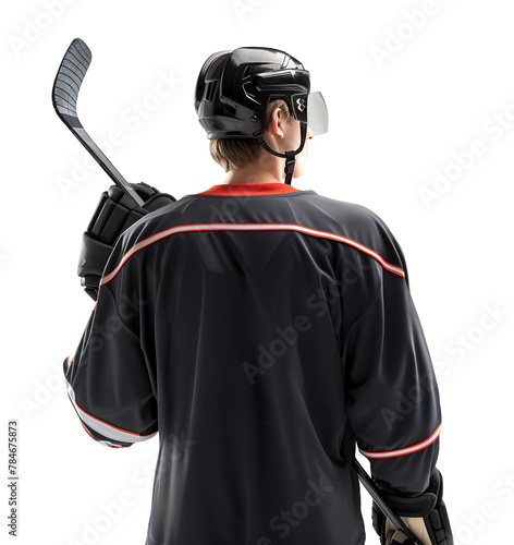 Ice hockey player in black jersey view from behind, holding a hockey stick, isolated background © FP Creative Stock