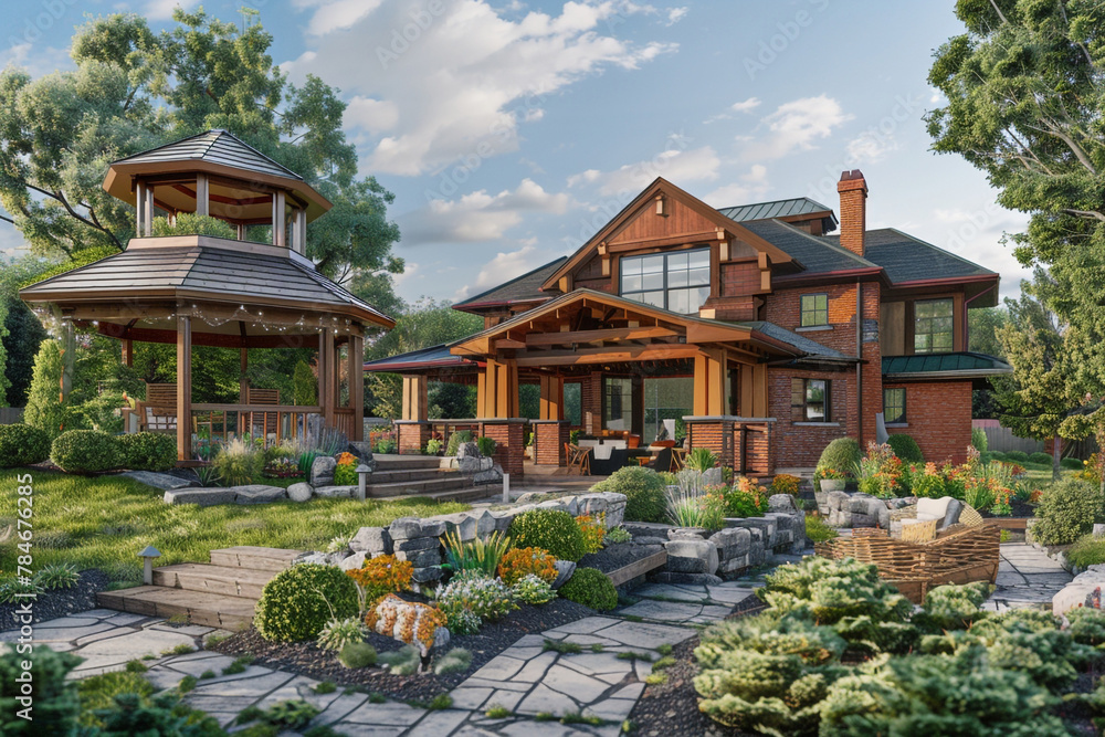 A Craftsman home in a suburban setting with a mix of brick and wood construction, detailed landscaping, and a backyard gazebo, reflecting family-friendly design.