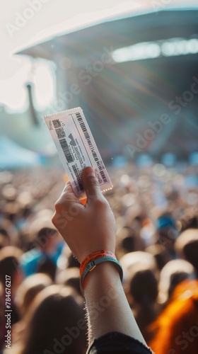 Excitement at Outdoor Music Festival, Hand Holding Concert Ticket Against Crowd