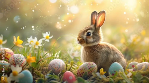 пасхальная открытка , кролик , яйцо расписное , трава корзина