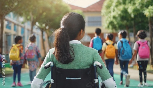 young girl in a wheelchair looking longingly at children playing in the schoolyard