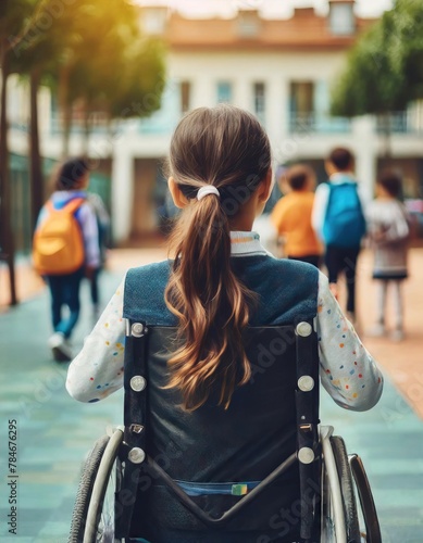 young girl in a wheelchair looking longingly at children playing in the schoolyard photo