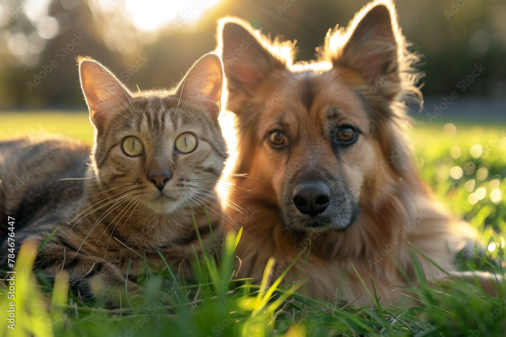 A cat and a dog are laying on the grass together A cat and a dog are laying on the grass together